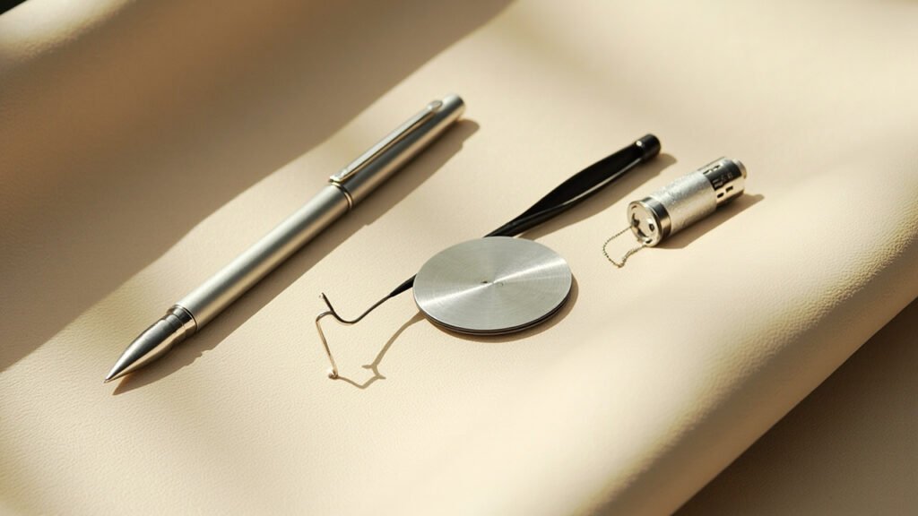 Outils de gemmologie disposés sur cuir beige clair.