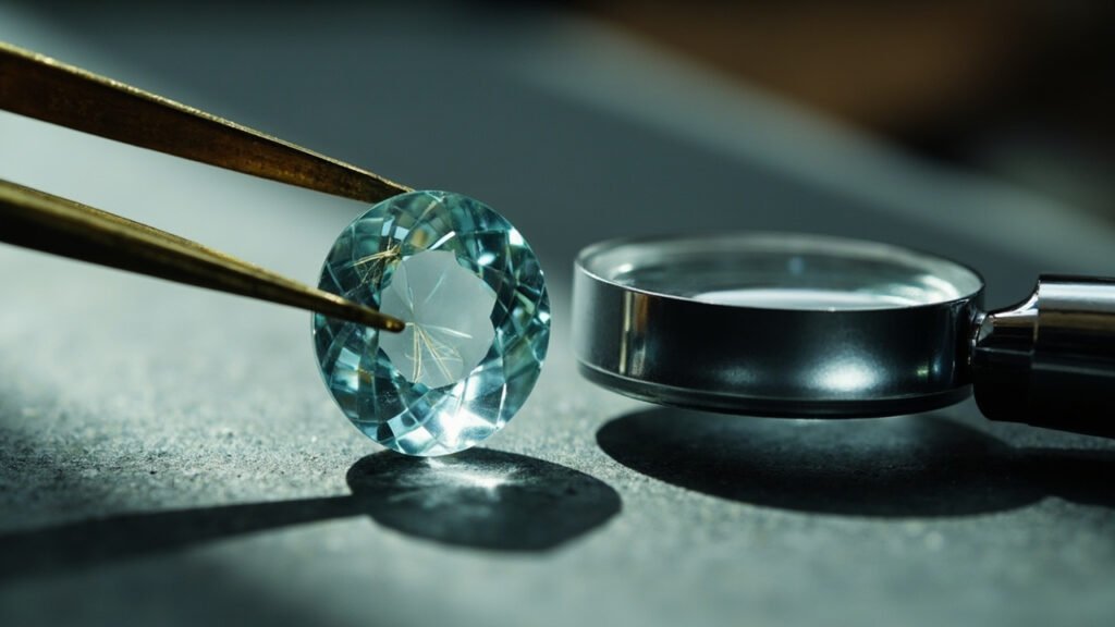 Outils de gemmologie examinant une aigue-marine sur ardoise.
