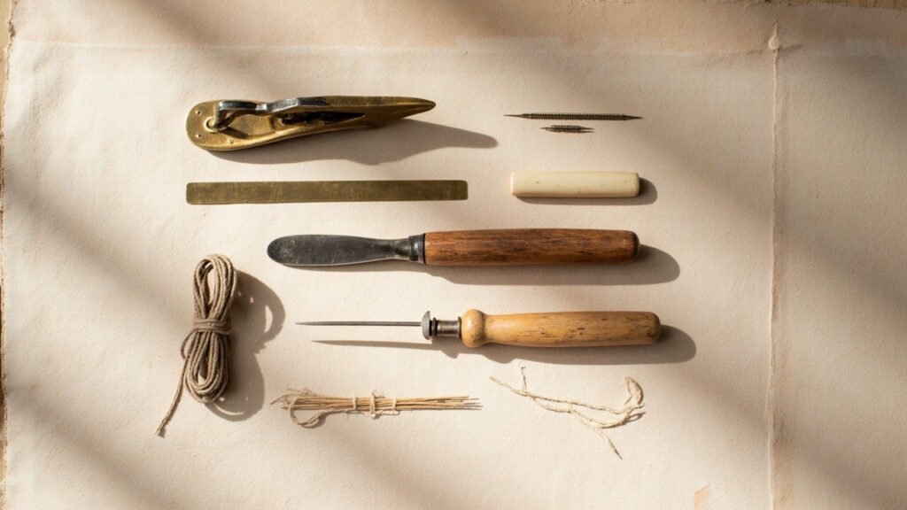 Outils traditionnels de maroquinerie disposés sur cuir brut.