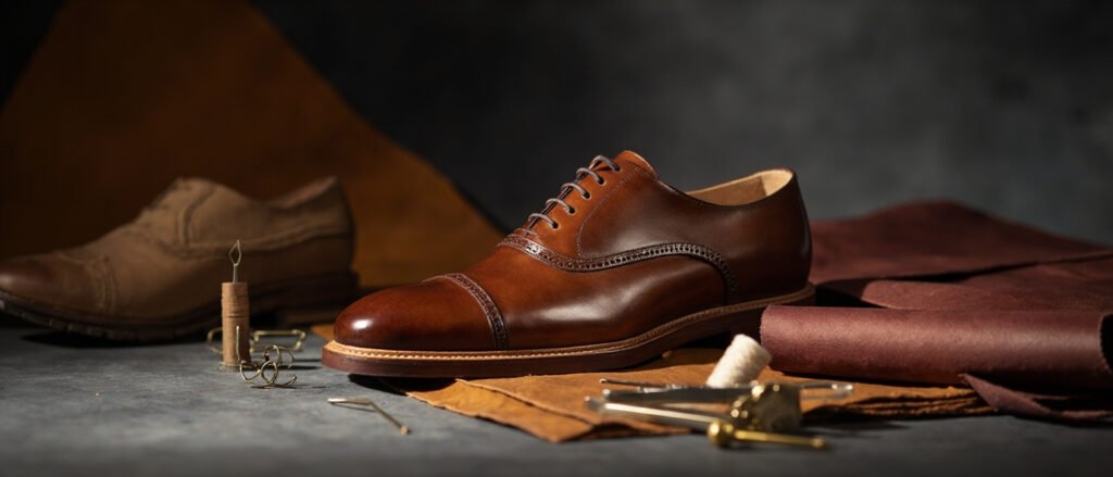 Oxford cognac en cuir, outils de bottier et cuirs sur fond fumé.