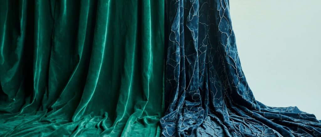 Panne lisse vert émeraude et velours frappé bleu nuit froissé, reflets contrastés.