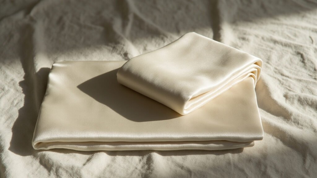 Panneau de satin duchesse plié révélant sa densité et sa rigidité.