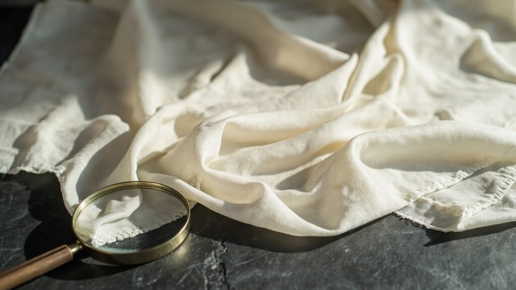 Panneau de soie crème drapé, loupe révélant sa trame
