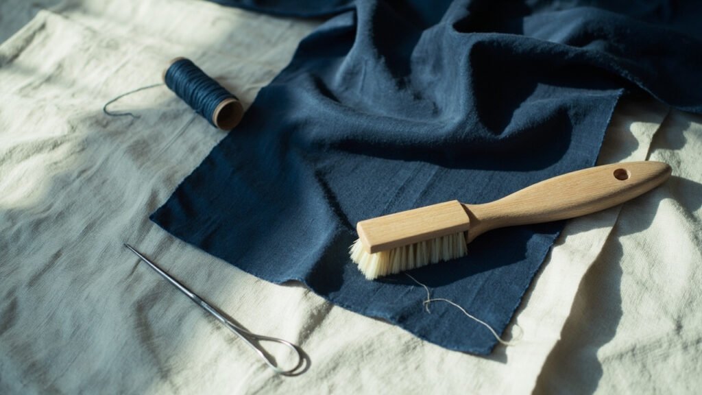 Panneau de velours bleu nuit, brossage doux et fils de restauration.