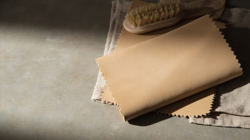 Panneau nubuck sable plié avec brosse en crêpe et chiffon lin.