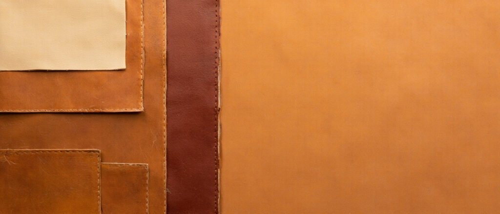 Panneaux de cuir sellier cognac, coutures crème et tranches bordeaux polies.
