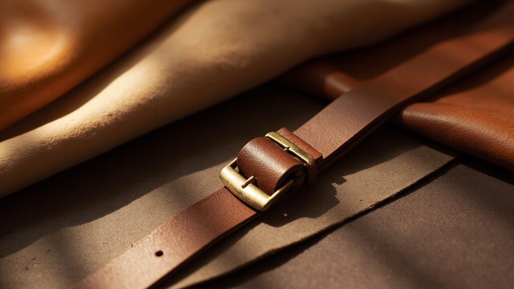 Panneaux de cuir tanné végétal pliés, tons cognac et chocolat.