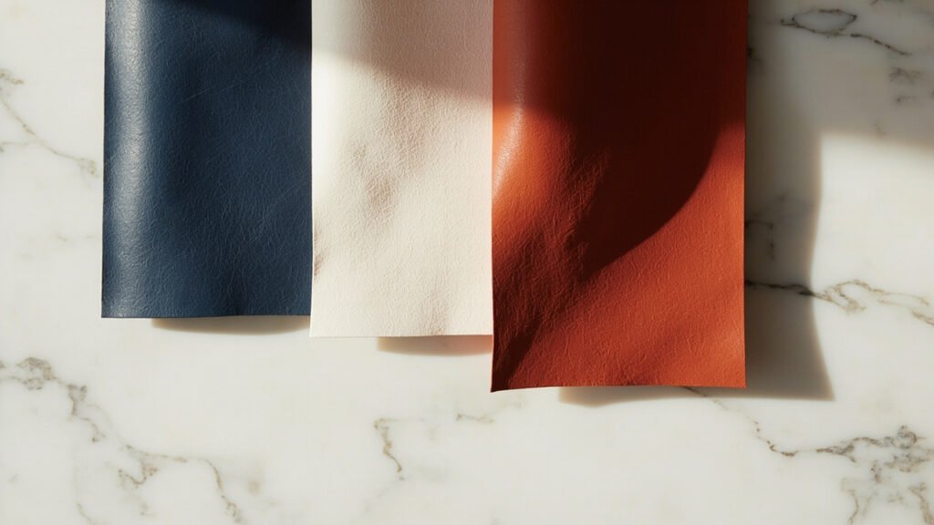 Panneaux de cuir tricolores empilés sur marbre.