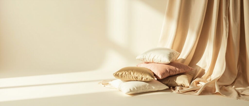 Panneaux de satin champagne, coussins empilés et lumière douce sur étoffe.