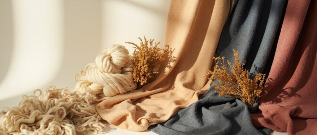 Panorama de cachemire brut, fibres crème et étoffes safran, indigo mogol.