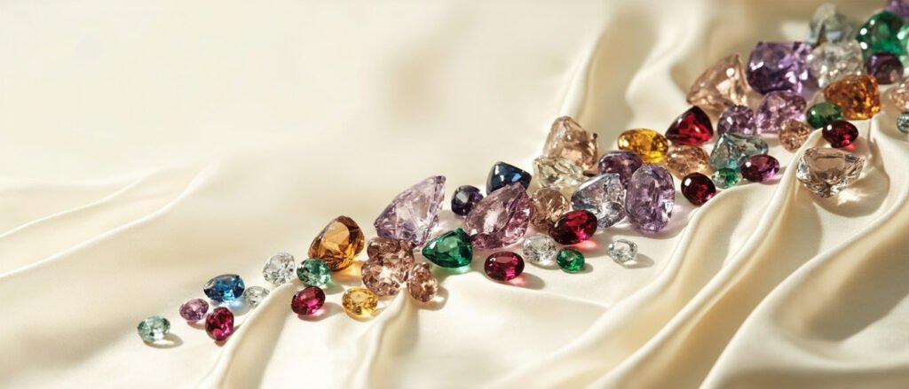 Panorama de gemmes mêlées — diamant, rubis, améthyste, citrine — sur soie écrue.