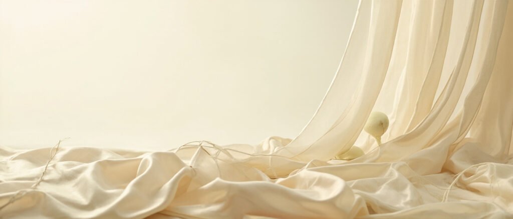 Panorama soyeux : literie champagne, draperies perle, fils et cocons.