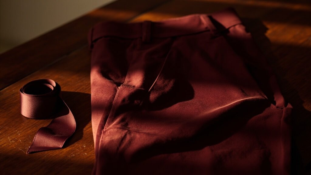 Pantalon en satin bordeaux plié sur acajou.