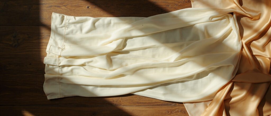 Pantalon en satin ivoire drapé, éventail d'échantillons de satin dorés.