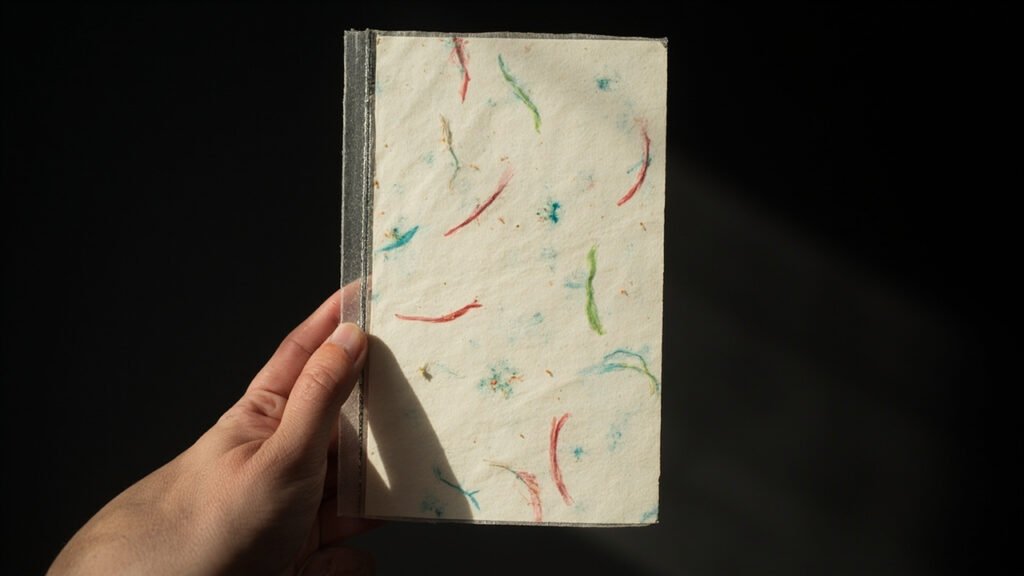 Papier de sécurité lin-coton translucide, fibres colorées et fil métallique.