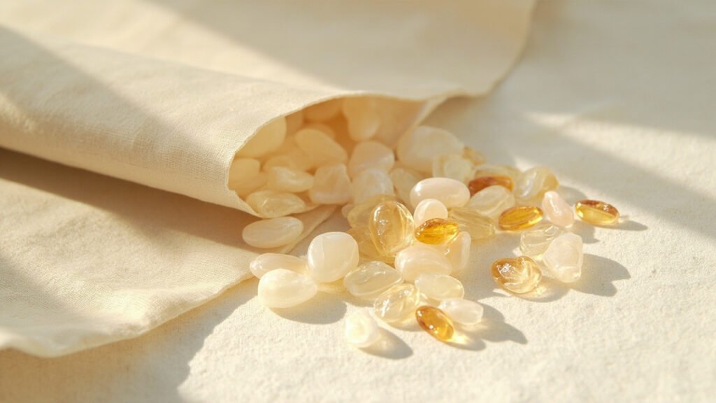 Pastilles de cellulose régénérée translucide et film de satin neuf sur lin.