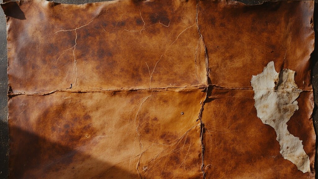 Peau de cuir cognac usagée, fissurée et décolorée, étalée à plat.