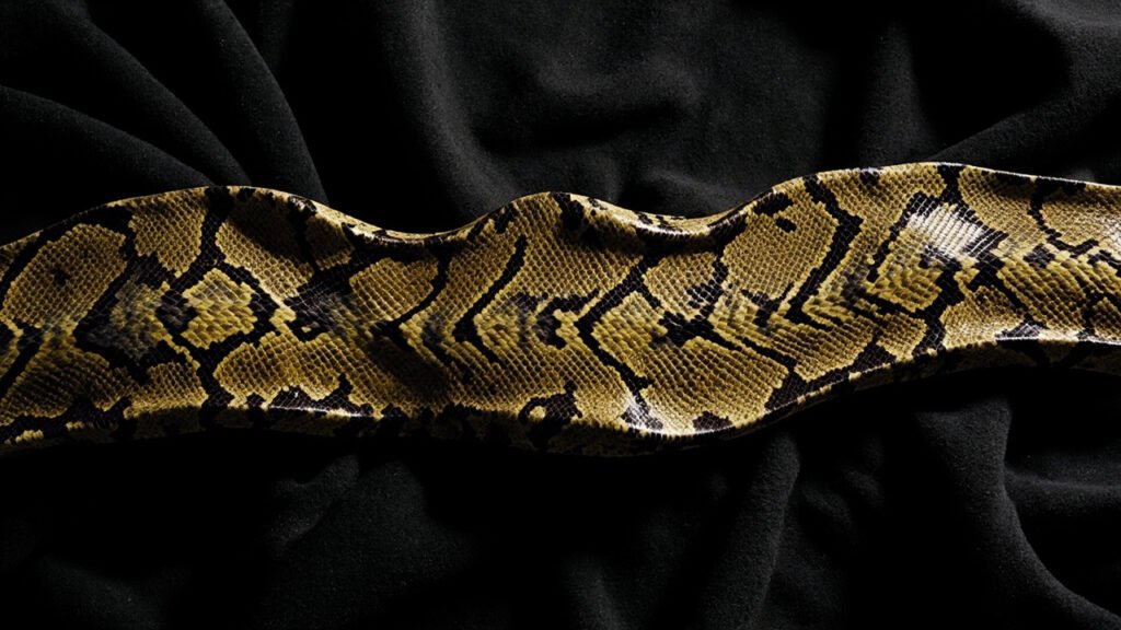 Peau de python aux écailles dorées sur velours noir.