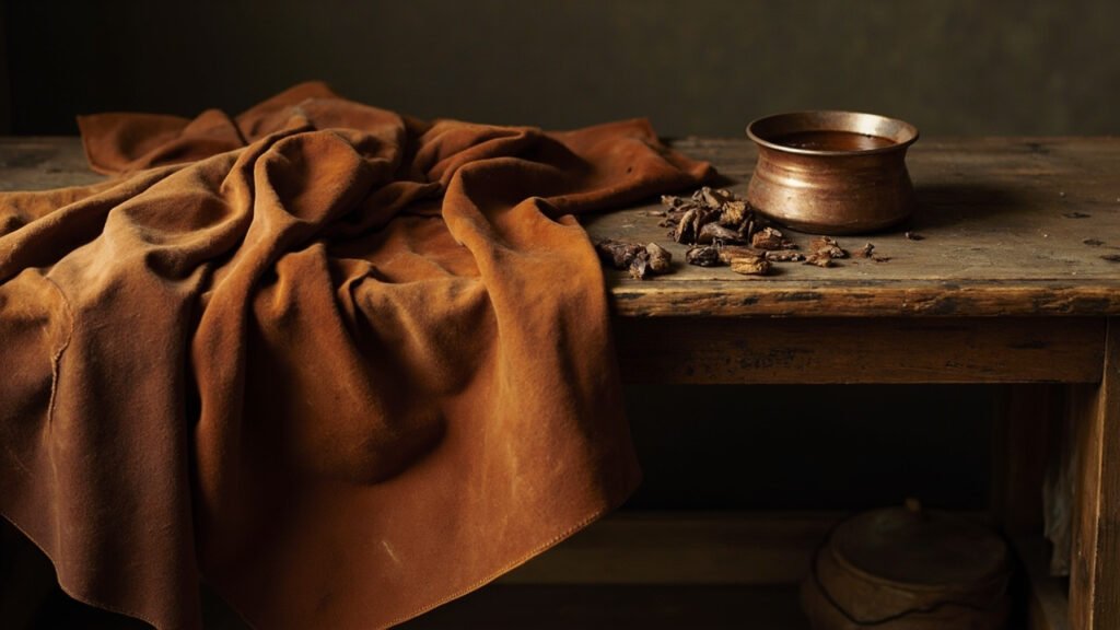 Peaux tannées étalées sur établi, écorces et tannins naturels.
