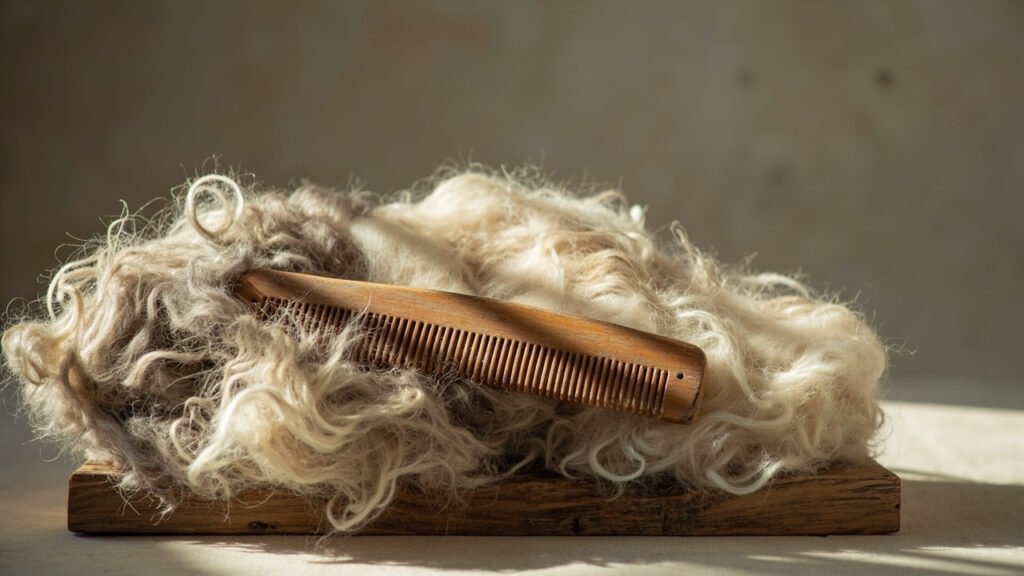 Peigne en bois et duvet de cachemire brut sur planche rustique.