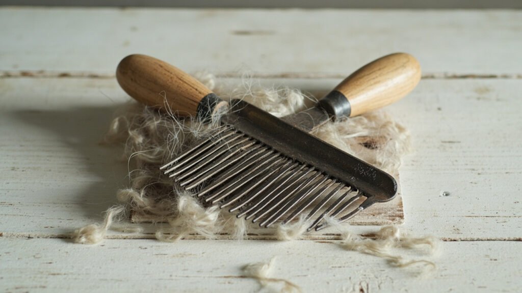 Peignes anciens à cachemire en fer et bois, fibres prises entre les dents.