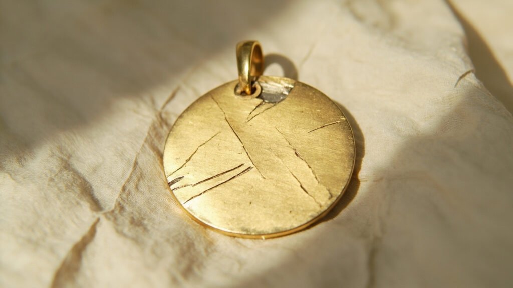 Pendentif en or jaune griffé sur lin froissé, montrant dégâts irréversibles.