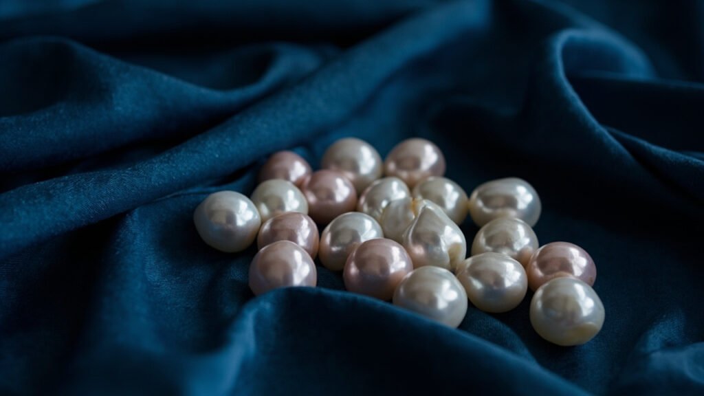 Perles Akoya rondes cascadant sur soie bleu nuit.