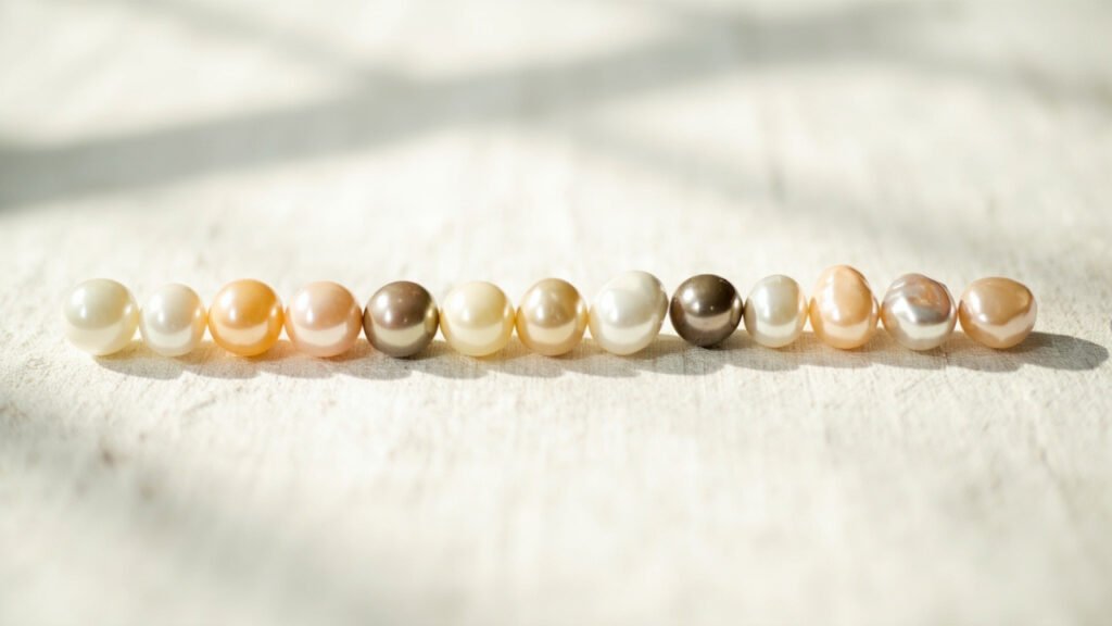 Perles calibrées alignées sur lin écru pour comparaison.