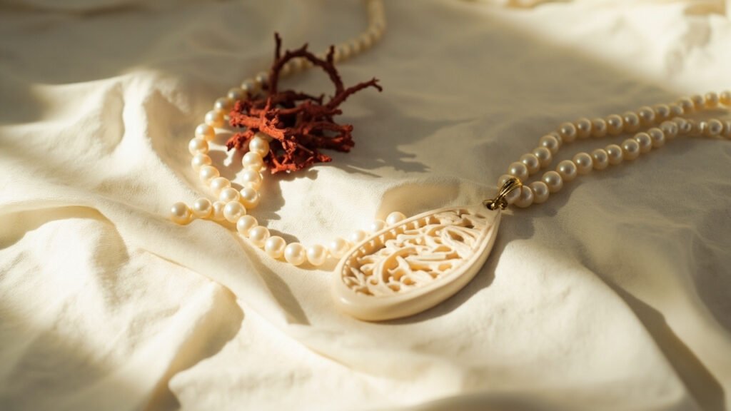 Perles crème, corail rouge et pendentif ivoire posés sur soie brute.