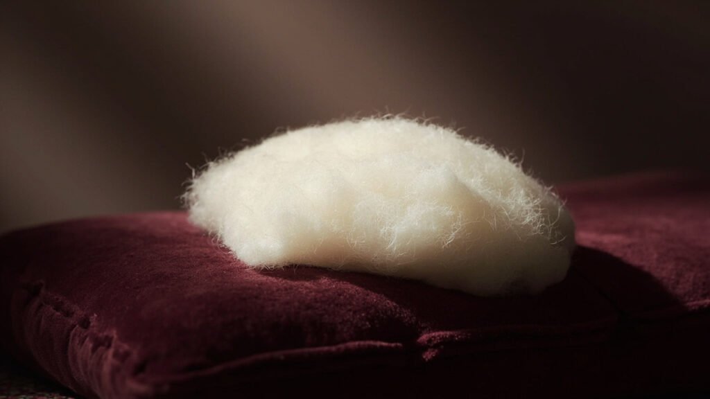Petit nuage de duvet cachemire crème sur velours bordeaux profond.