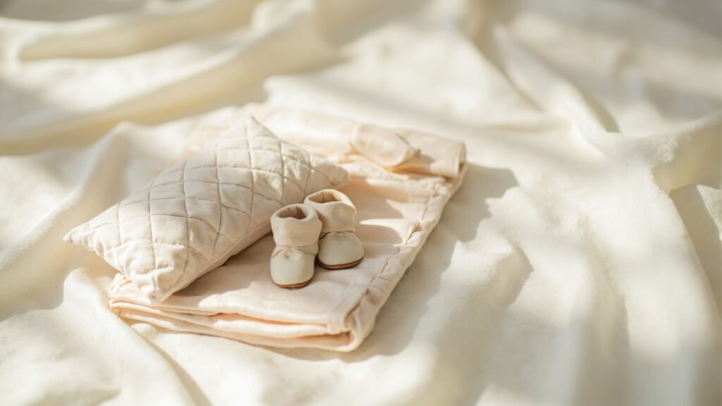 Petite layette en soie : oreiller, lange et chaussons sur drap ivoire.