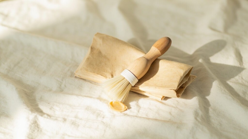 Pièce de Piñatex beige, brosse en bois et baume neutre sur lin crème.