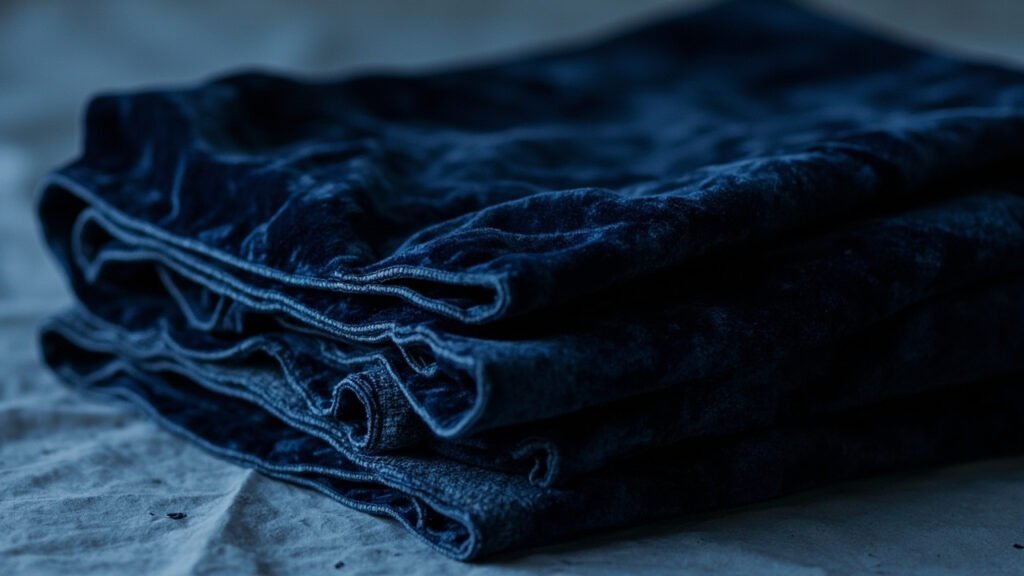Pièce de velours bleu nuit épaisse, coupe exposant poil dense.
