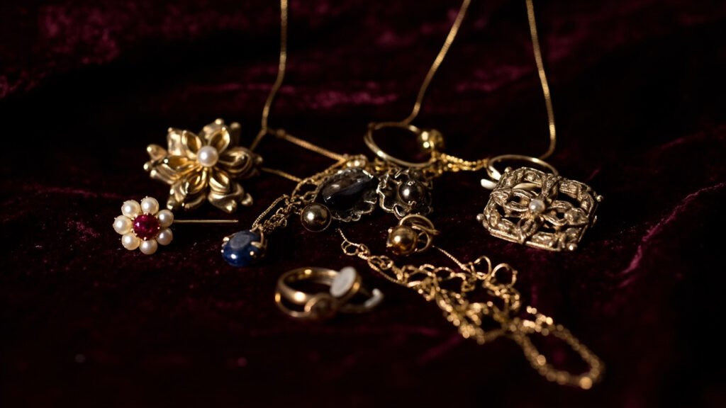 Pièces vintage en or et pierres sur velours bordeaux.