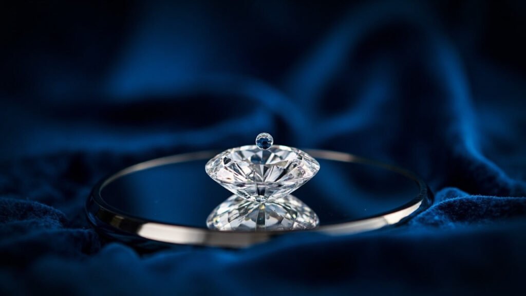 Pierre brillante sur miroir, goutte d'eau sur velours bleu nuit.