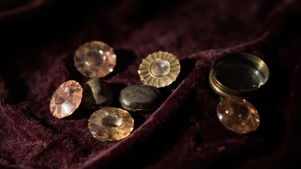 Pierres de strass anciennes sur velours bourgogne avec loupe en laiton.