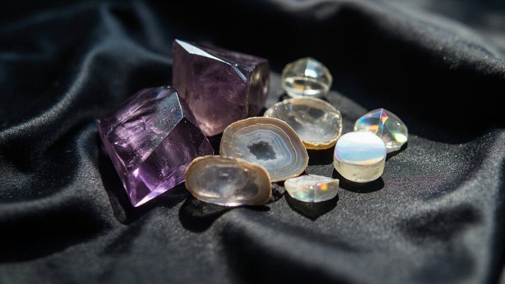 Pierres naturelles et cristaux sur soie sombre