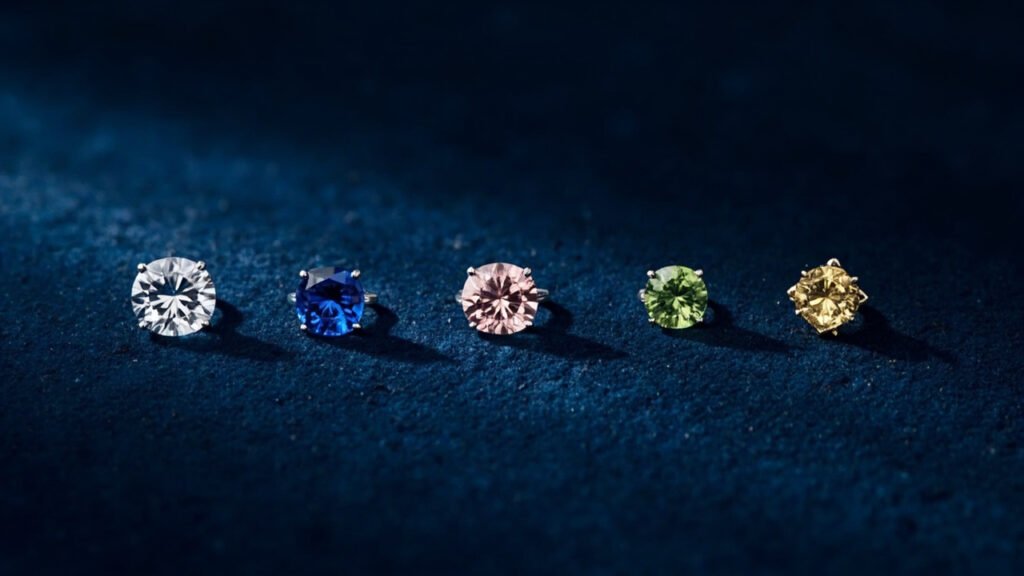 Pierres précieuses colorées présentées sur velours bleu nuit.