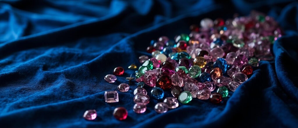 Pierres précieuses colorées sur velours de soie bleu nuit.