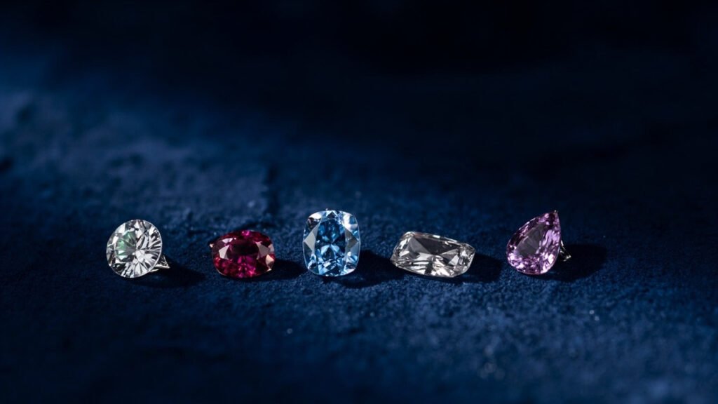 Pierres précieuses taillées alignées sur velours bleu nuit