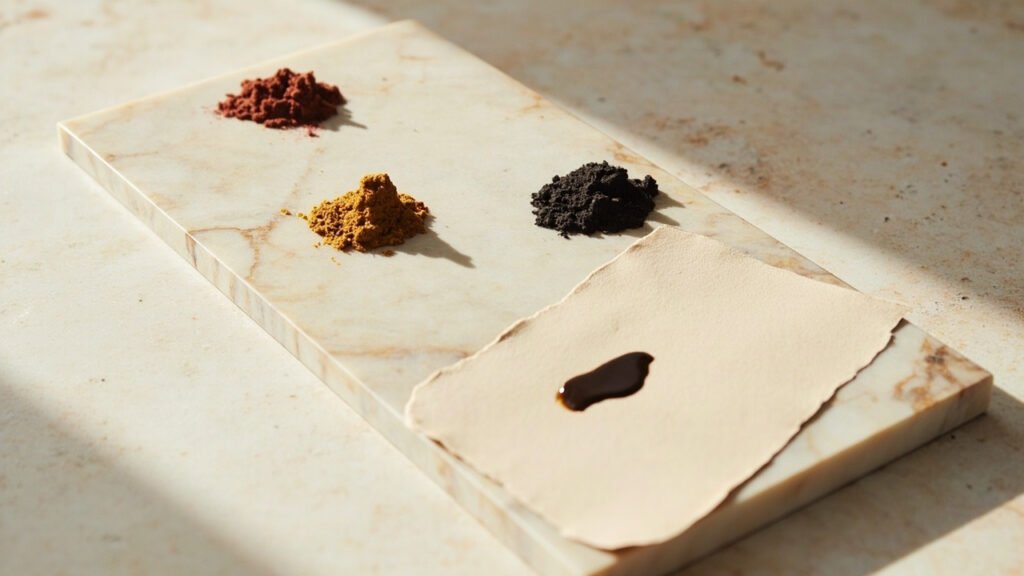 Pigments en poudre et cuir absorbant un liant sur travertin.