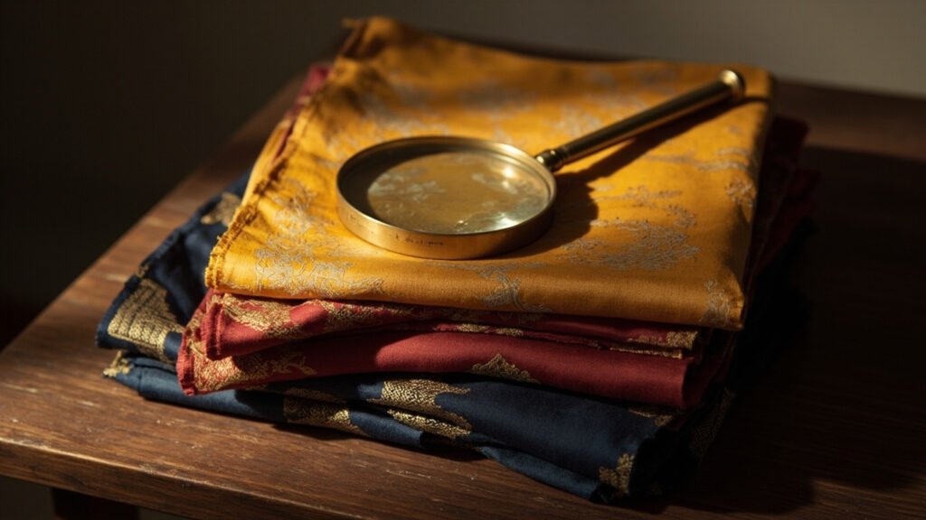 Pile de panneaux de soie vintage jaune safran et cramoisi avec loupe.