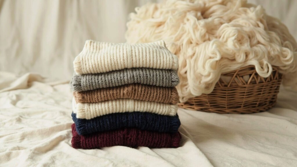 Pile de pulls cachemire colorés sur toile de lin, fibre brute.