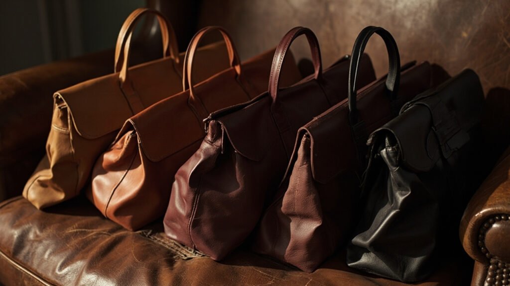 Pile de sacs en cuir patiné, camaïeu de bruns et cognac.