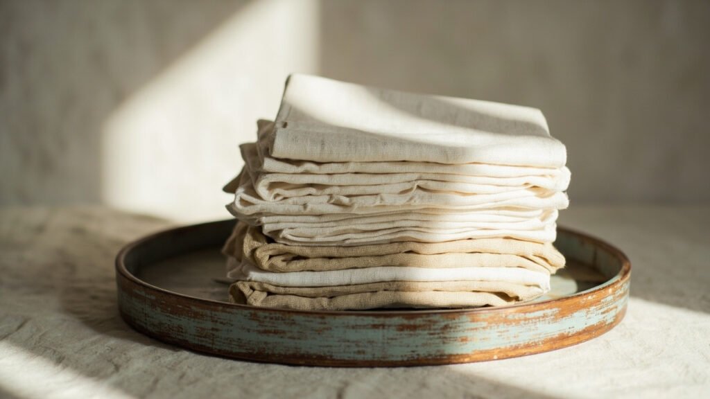 Pile de serviettes en lin ancien aux tonalités ivoire, lumière douce.