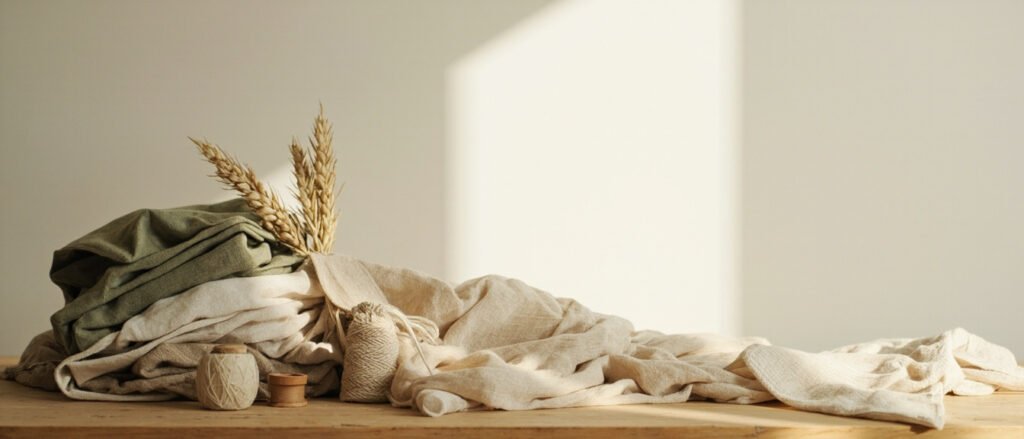 Pile de vêtements en lin écru aux textures naturelles, lumière douce.