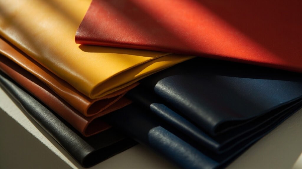 Piles de cuirs laqués colorés, rouge cinabre, or safran, indigo.