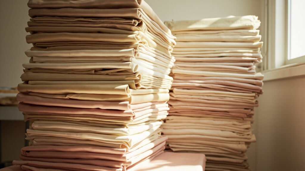 Piles de rouleaux de satin champagne et ivoire en atelier