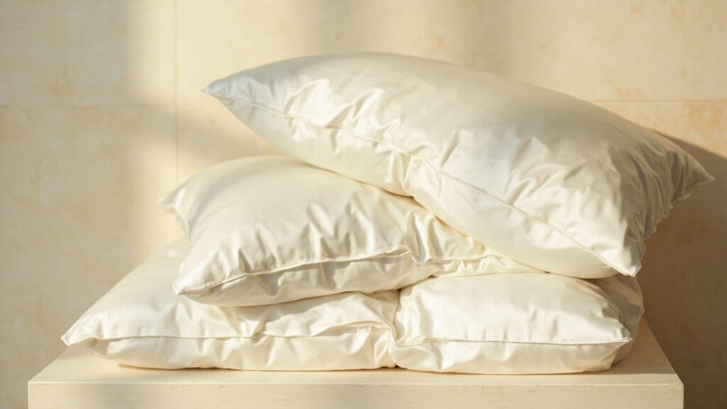Pillows en soie ivoire empilés, brillance charmeuse sur fond travertin.