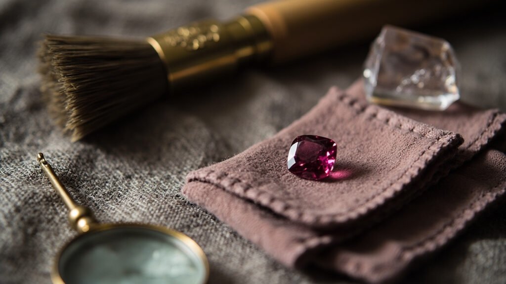Pinceau en poils souples, loupe et pierres d'imitation sur lin.
